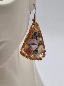 Multi Stones Triangle Pierced Dangle Handmade Earrings 2" - Picture 1 of 5