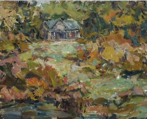 Art Original Oil Painting RM Mortensen "The Wright House" Garden Flowers Pond - Picture 1 of 1