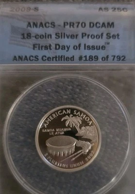 2009-S 25c SILVER ANACSPR70DCAM AMERICAN SAMOA QUARTER PROOF DEEP CAMEO  - Image 1 of 4