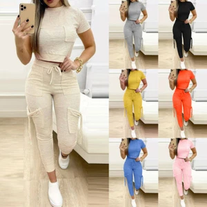 Summer Womens Solid Short Sleeve Tracksuit Slim T Shirts Tops+ Skinny Pants Set - Picture 1 of 35