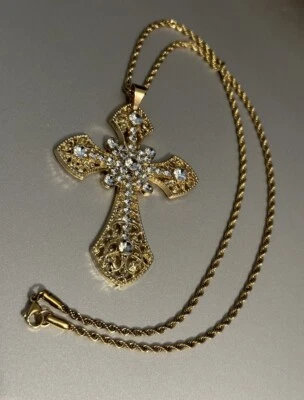 Cadena Collar Cruz Tono Dorado Grande Victoriano Religioso Gótico Grunch Whimsgoth Foto 1 de 4
