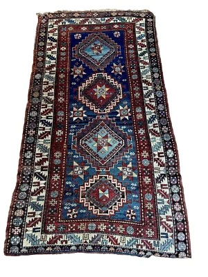 Antique 4 X 7 Kazak Caucasian Rug, Circa 1900 Navy & Sky Ivory Garnet Red Camel - Image 1 of 4