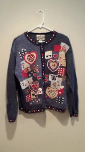 Vintage Tacky Valentine's Cardigan - Heirloom Collectibles - Large L - Blue - Picture 1 of 2