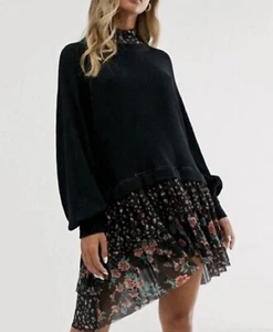 Free People Long Sleeve Mini Dress in Black & 3 Layer Floral Print Sheer Sz S/P - Picture 1 of 13