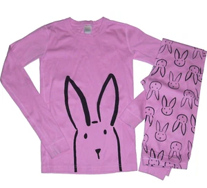 Hanna Andersson Girls 160 US 14 Pink Black Bunny Long John Pajamas Easter Set - Picture 1 of 2