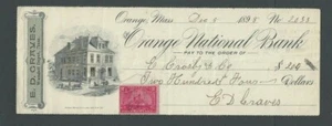 1898 Bank Check Orange National Bank Wendell Depot Mass W/Reveue Stamp & Logo - Picture 1 of 1