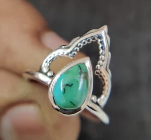 Anello in argento sterling 925 con corona turchese pera naturale fatto a mano - Foto 1 di 10