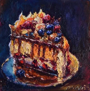 Natura morta impressionista dessert mirtilli lamponi frustati topping art - Foto 1 di 10