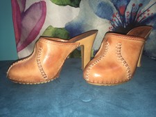 The Wild Pair Tan Leather Boho Clog Platform Wood Heel Made In Brazel Shoe