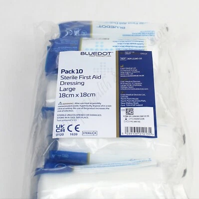 BLUE DOT BY CREST MEDICAL LARGE Sterile HSE First Aid Dressing 18 x 18cm Pad. First Aid Kit Refill. Qty 10