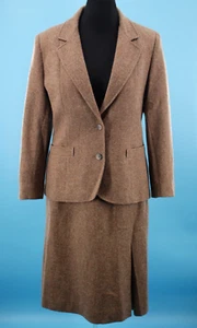 VTG Women's 70s Sz Large 2 Pc Brown Wool Tweed Jacket & Skirt Suit Set 1970s - Picture 1 of 15