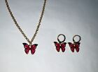 Pretty BUTTERFLY Gift Set Light Gold Coloured NECKLACE & EARRINGS Red
