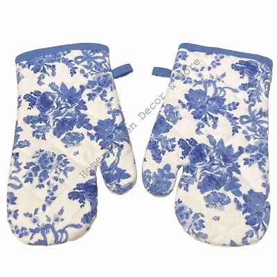MOMENTUM BRANDS - HELLO SPRING 2 Fabric Kitchen Oven Mitts Mittens Blue Toile Rose Floral 12" 100% Cotton
