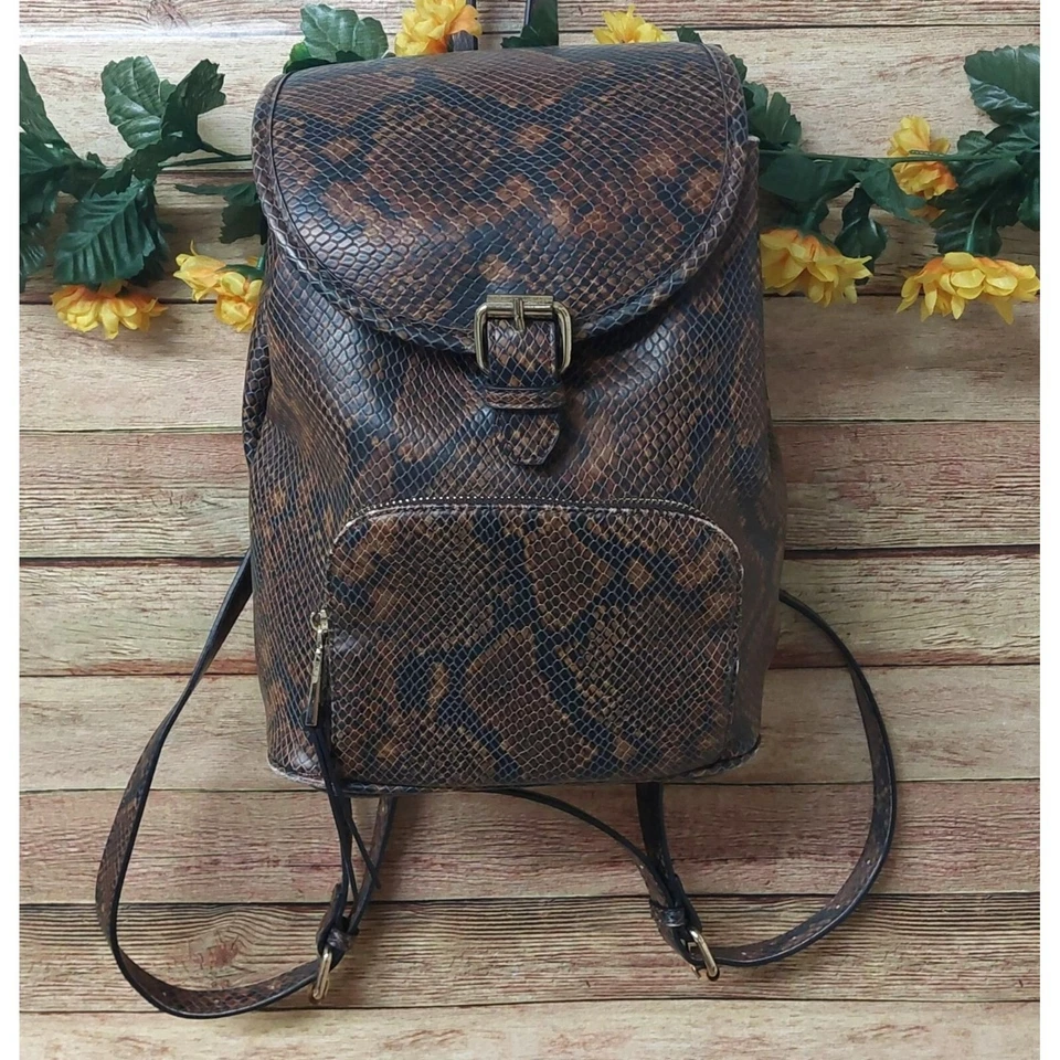 ALDO Brown & Gold Snakeskin Print Faux Leather Backpack Adjustable Straps - Image 1 of 4