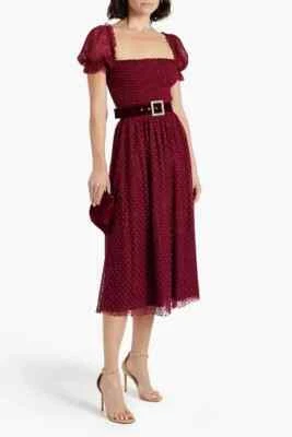 Rebecca Vallance Midnight Kiss Flocked Burgundy Polka Dot Midi Dress Size 6 - Image 1 of 4