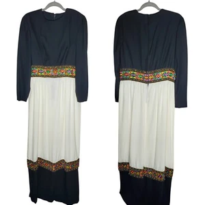 Maxi Vestido Mujer Vintage Años 70 Grande Negro Blanco Bordado Cuentas Manga Larga - Imagen 1 de 8