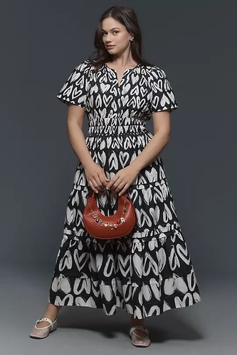 VALENTINO Anthropologie The Somerset Maxi Abito Cotone Strati Cuori Stampa Cuore 1X Nuovo con etichette