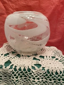 Vintage Hand Blown Clear Frosted White Crackle Glass Round Vase Art Deco 7”x8” - Picture 1 of 10