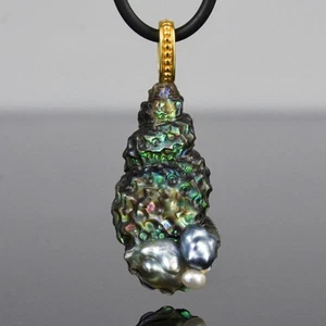 Muschel Anhänger Geschnitzter Abalone-Muschel Gold Vermeil Sterling Tahiti Perle - Bild 1 von 13