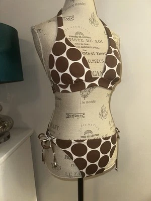 Bikini Victoria's Secret Marrón y Blanco Estampado de Lunares Halter Tanga M/L ¡COMO NUEVO! Foto 1 de 4