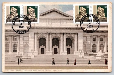 #3447 NY Public Library Lion Statue FDC Maxi Card On Vintage PC - Image 1 of 2