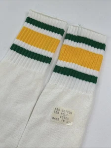 True VTG Socks 1980's Tube NOS White Green Gold Striped USA 18" Cotton Polyester - Picture 1 of 7