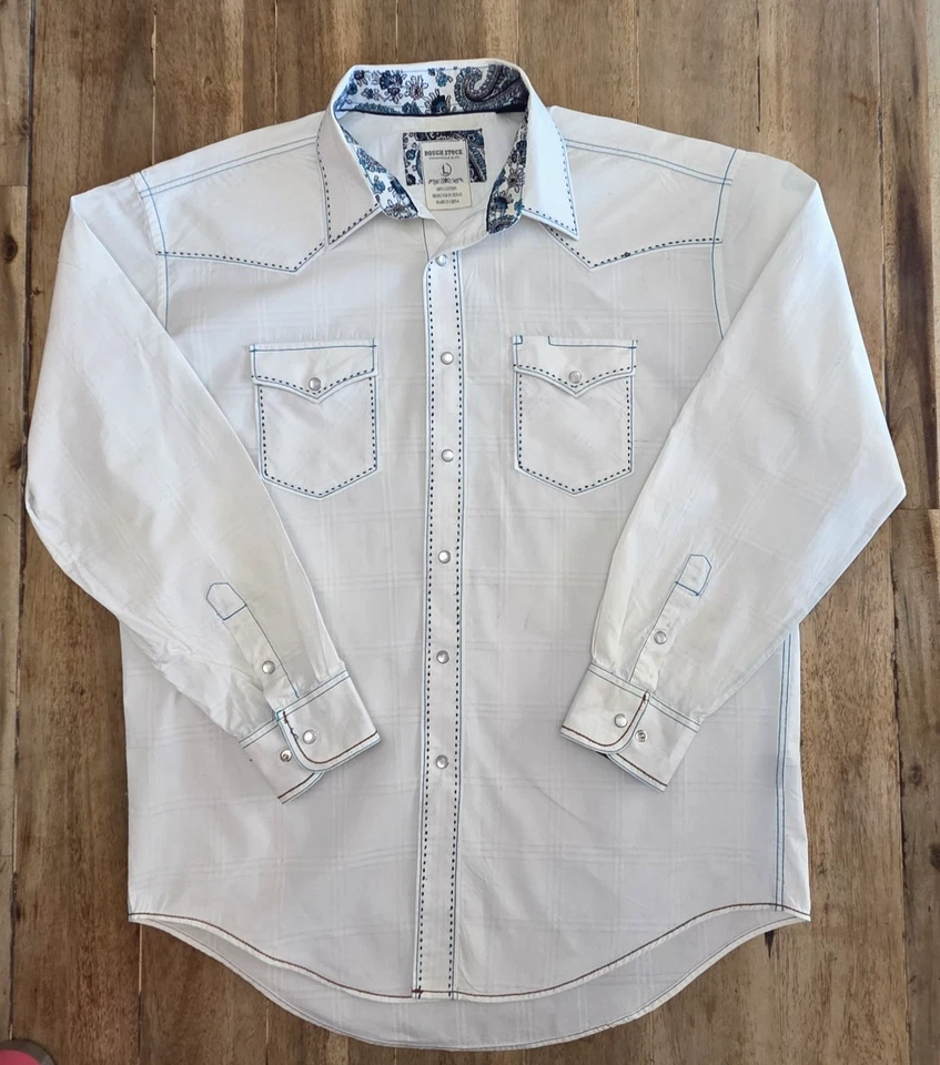 Rough Stock Panhandle Slim Western White Paisley Pearl Snap Shirt Men's L - Image 1 of 4
