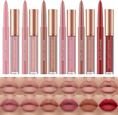‎HQDA 12 Pcs Liquid Lipstick Lipliner Set Nude Lipliner Matte Lipstick Long Lasting N