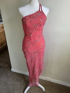 Vtg Scala Y2K Pink 100% Silk One Shoulder Beaded Asymmetrical Hem Midi Dress XS - Picture 1 of 23