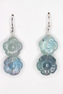 Pendientes de fluorita flor de piedras preciosas naturales azules plata de ley .925 1 1/2" Foto 1 de 4