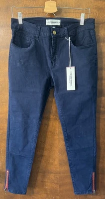 Pantalones de mezclilla ETIENNE MARCEL azul marino con detalle de cremallera roja para mujer talla 31, 12 nuevos con etiquetas Foto 1 de 4