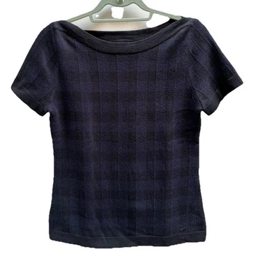 CHANEL Black & Navy Plaid Short Sleeve Knit Top Sweater Size M Cotton Blend - Image 1 of 4
