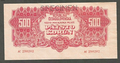 1944 CZECHOSLOVAKIA 500 KORUN SPECIMEN ~ P-49s ~ SOVIET OCCUPATION UNCIRCULATED - Image 1 of 2