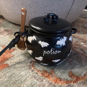 Rae Dunn Potion Black Bats  Bowl/  Cauldron With Broom Spoon Server 5.5” Tall - Picture 1 of 9