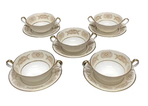 Aynsley Engagement 135 Cream and Gold Handled Soup Bowls and Saucers Swet of 5 - Picture 1 of 11