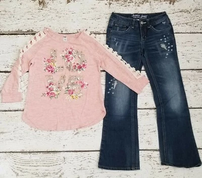 Pantalones de mezclilla desgastados y top floral de encaje rosa Love de JUSTICE 10 niñas DC-TT20 Foto 1 de 4