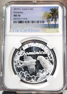 2019 EAST CARIBBEAN SILVER 2 DOLLARS S$2 DOMINICA BEAUTY NGC MS 70 RARE - Picture 1 of 3