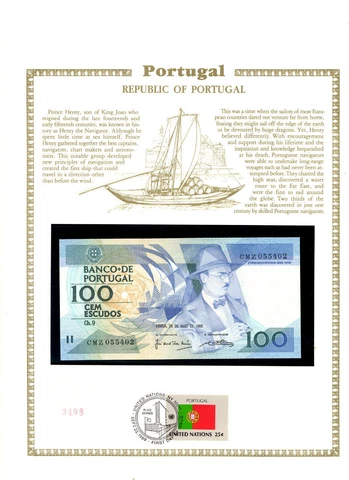 Portugal 100 Escudos 1988 P-179e.4 UNC w/FDI UN FLAG STAMP CMZ055402 Cover