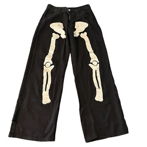 Skeleton Wide Straight Jeans Streetwear Gothic Grunge Punk Halloween Black 28x28 - Picture 1 of 8
