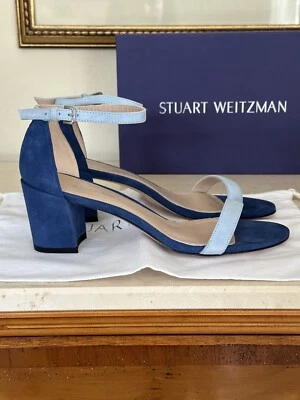 NEW Stuart Weitzman “sIMPLE” Blue Suede Open Toe Ankle Strap Sandals, Size 8 M - Image 1 of 4