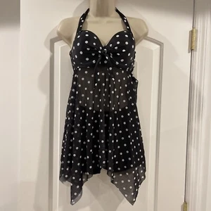 Halter Size S Black Polka Dot Mesh 2 Pc Swimsuit Padded Tankini Boy Short - Picture 1 of 16