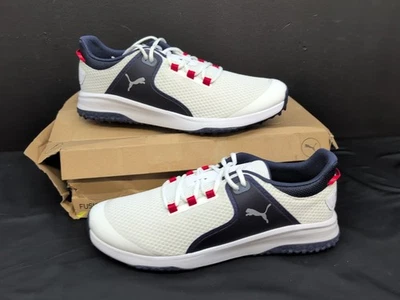 Zapatos de golf Puma Fusion Grip sin clavos para hombre EE. UU. 14 blancos plateados azul marino 377527-04 Foto 1 de 4