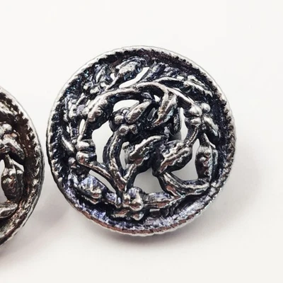 2 Matching Antique 1 Pc Stamped & Pierced Pewter Floral Picture Buttons ~ 11/16" - Image 1 of 4