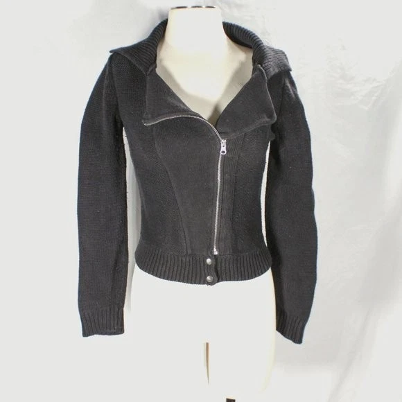 Heart N Crush Knit Moto Jacket Black Zip-Up Sweater Grunge Rocker Y2K 90s Style - Image 1 of 4