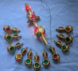JEWELED! Vintage Ornament & Lighted Treetopper Set Gold Plastic Rhinestones MCM - Picture 1 of 13