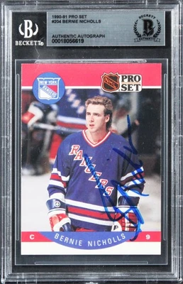 Rangers Bernie Nicholls Auténtico Firmado 1990 Pro Set #204 Tarjeta BAS Losa Foto 1 de 2