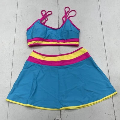 Conjunto de traje de baño de dos piezas para mujer mediano azul rosa amarillo falda de baño con tiras top Foto 1 de 4