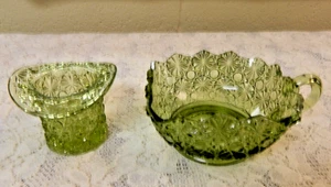 Vintage Fenton Green Glass Button & Bows Top Hat & Nappy 2 Pc. - Nice! - Picture 1 of 9