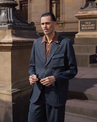 Trajes de lino para hombre azul marino vintage chaquetas de safari verano informal abrigo de ocio Foto 1 de 4