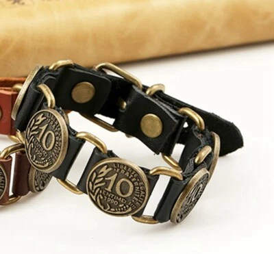 Pulseira/pulseira de couro genuíno rebite moeda dinheiro vintage masculina/feminina - Imagem 1 de 4
